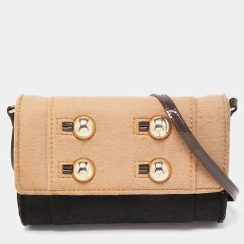 Pre Owned Kate Spade Black/Beige Wool and Patent Leather Beantown Lene Crossbody Bag