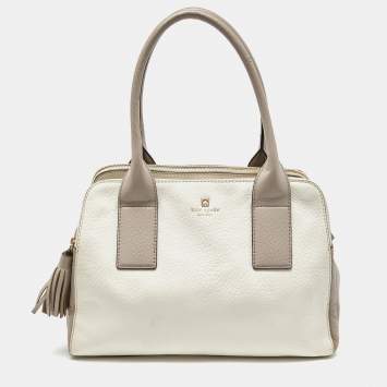 Pre Owned Kate Spade Off White/Grey Leather Double Zip Satchel