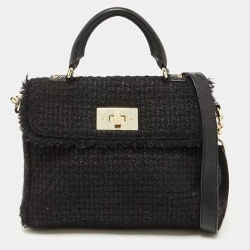Pre Owned Kate Spade Black Tweed and Leather Turnlock Top Handle Bag