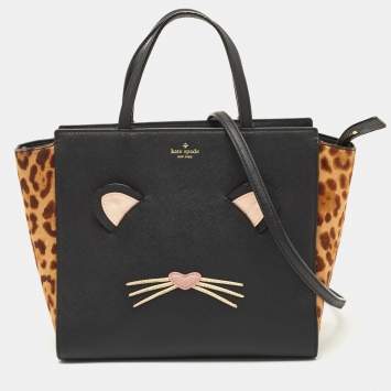 Pre Owned Kate Spade Black/Beige Leopard Calfhair and Leather Run Wild Hayden Tote