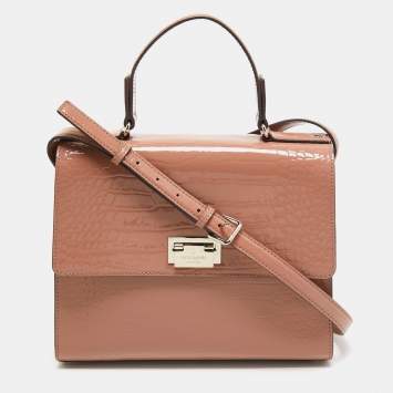 Pre Owned Kate Spade Light Pink Croc Embossed Patent Leather Knightsbridge Doris Top Handle Bag