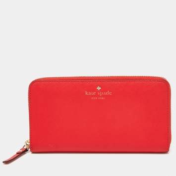 Pre Owned Kate Spade Red Leather Zip Around Continental Wallet
