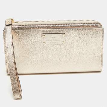 Pre Owned Kate Spade Metallic Peach Leather  Wellesley Wristlet Wallet