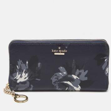 Pre Owned Kate Spade Blue FLoral Print Leather Zip Around Wallet