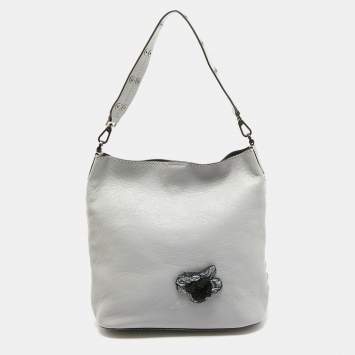 Pre Owned Kate Spade Grey Floral Applique Leather Atlantic Avenue Libby Bucket Bag