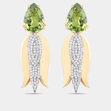Pre Owned 4.02 cts Peridot and Diamond 14K Yellow Gold Tulip Drop Earrings