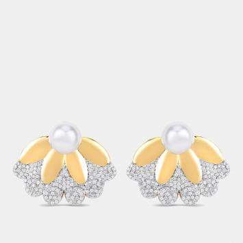 مملوكة مسبقًا 4.00 cts Pearl and Diamond 14K Yellow Gold Petal Bloom Studs