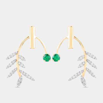 مملوكة مسبقًا 0.49 cts Emerald and Diamond 14K Yellow Gold Laurel Vine Earrings