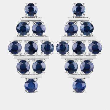 Pre Owned 6.41 cts Blue Sapphire 14K White Gold Multi-Row Cluster Earrings