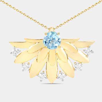Pre Owned 0.68 cts Aquamarine and Diamond 14K Yellow Gold Floral Fan Pendant