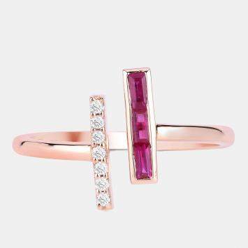 Pre Owned 0.15 cts Ruby and Diamond 14K Rose Gold Bypass Bar Ring US Size 6.50