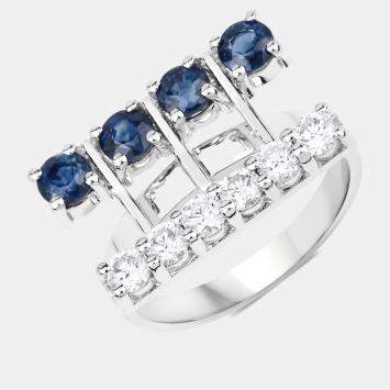 Pre Owned 1.34 cts Blue Sapphire and Diamond 14K White Gold Bar Ring US Size 7