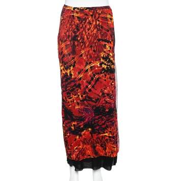 Pre Owned Kenzo Jeans Orange Printed Jersey Skirt L