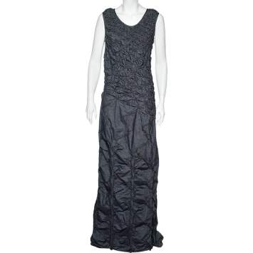 Pre Owned Kenzo Jeans Navy Blue Textured Lightweight Denim Maxi Dress M