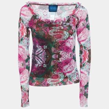 Pre Owned Kenzo Jeans Pink Floral Print Knit Ruffled Neck Top XL