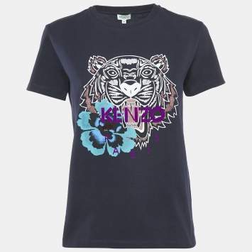 Pre Owned Kenzo Blue Logo Tiger Print Crew Neck T-Shirt M