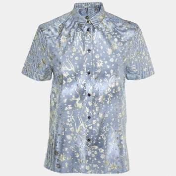 Kenzo Blue/White Metallic Print Cotton Short Sleeve Shirt S