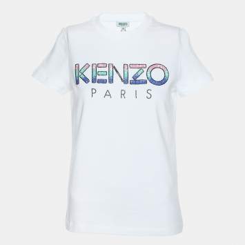 Pre Owned Kenzo White Jersey Sequin Logo T-Shirt XS