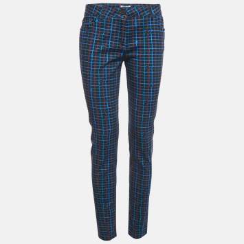 Pre Owned Kenzo Blue Irregular Check Denim Skinny Jeans S Waist 29"