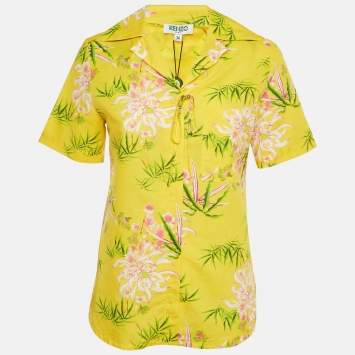 Pre Owned Kenzo Yellow Floral Print Cotton Hawaiian Shirt S