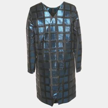 Pre Owned Kenzo Blue Square Lurex V-Neck Shift Dress L