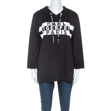 Pre Owned Karl Lagerfeld Black Logo Print Scuba Jersey Hoodie M