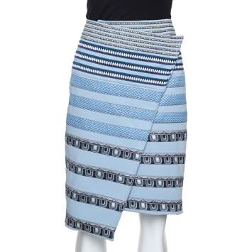 Pre Owned Kenzo Blue Stretch Knit Striped Applique Wrap Skirt M