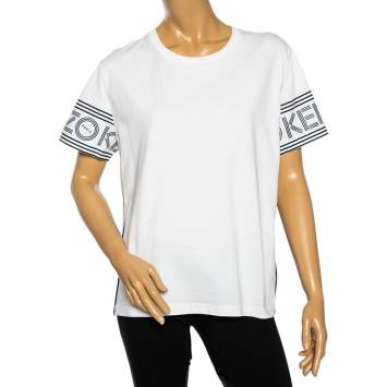 Pre Owned Kenzo White Cotton Knit Logo Print Sleeve T-Shirt XL