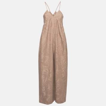 Pre Owned Kenzo Brown Cotton Floral Embroidered Sleeveless Jumpsuit M