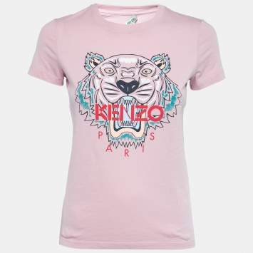 Pre Owned Kenzo Pink Tiger Logo Printed Cotton Short Sleeve T-Shirt XS