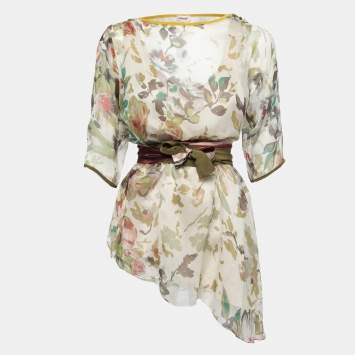 Pre Owned Kenzo Beige Floral Printed Silk Belted Tunic M