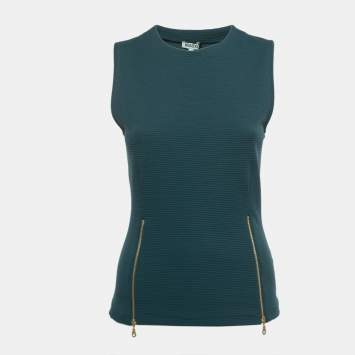 Pre Owned Kenzo Dark Green Textured Knit Zip Detailed Sleeveless Top M
