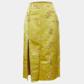 Pre Owned Kenzo Green Floral Jacquard Satin Slit Detail Midi Skirt M