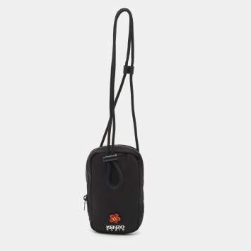 Pre Owned Kenzo Black Nylon Embroidered Phone Holder Crossbody Bag