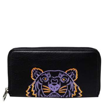 Pre Owned Kenzo Black Tiger Embroidered Leather Zip Around Wallet