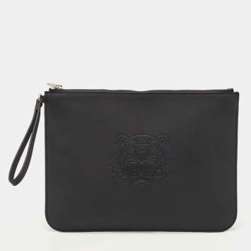 Pre Owned Kenzo Black Tiger Engraved Leather Wristlet Pouch