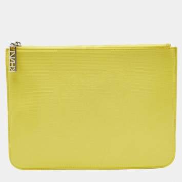Pre Owned Kenzo Yellow Vinyl Tiger Motif Slim Clutch