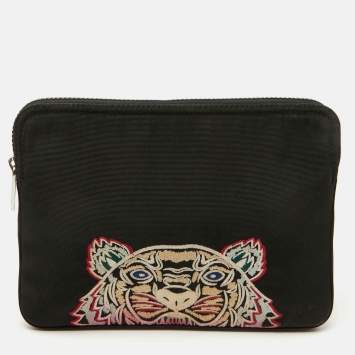 Pre Owned Kenzo Black Fabric Logo Tiger Embroidered Ipad Case