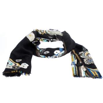 Pre Owned Kenzo Black Floral Jacquard and Printed Silk & Wool Scarf