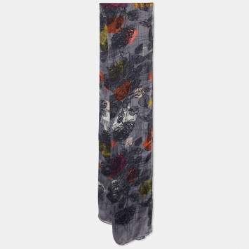 Pre Owned Kenzo Grey Floral Scribble Print Silk Stole