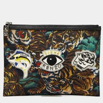 Pre Owned Kenzo Multicolor Printed Nylon Flying Tiger Zip Pouch