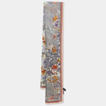 Pre Owned Kenzo Grey Houndstooth Floral Print Wool & Silk Stole