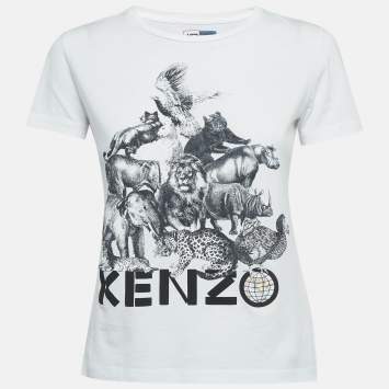 Pre Owned Kenzo White Animal Printed Cotton Knit T-Shirt S