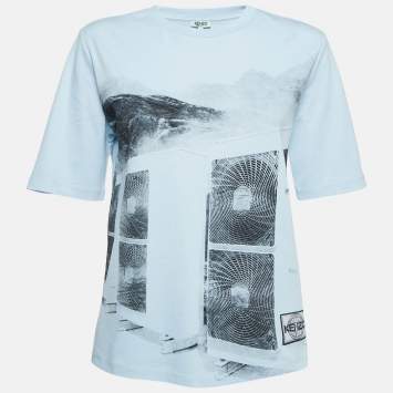 Pre Owned Kenzo Blue Printed Cotton Knit Tshirt S