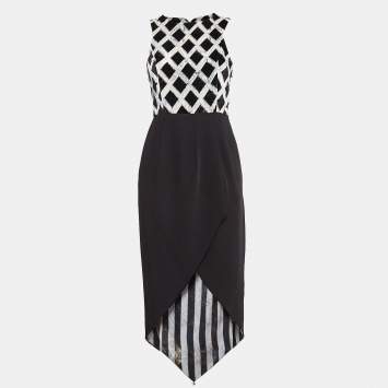 Pre Owned Kenzo Black Printed Velvet and Stretch Crepe Asymmetric Midi Dress S