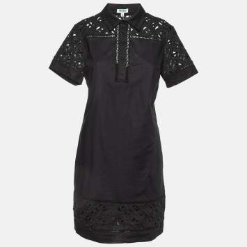 Pre Owned Kenzo Black Cotton Poplin Lace Detailed Short Sleeve Dress M
