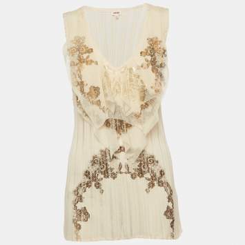 Pre Owned Kenzo Beige Printed Jersey and Mesh Ruffle Trimmed T-Shirt XL