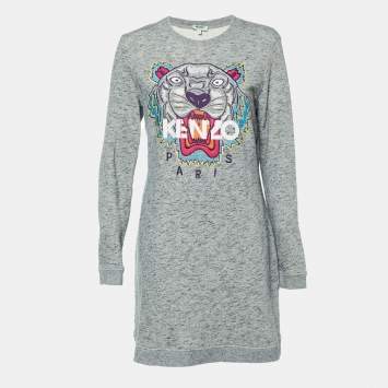 Pre Owned Kenzo Grey Melange Knit Tiger Embroidered Sweater Dress L