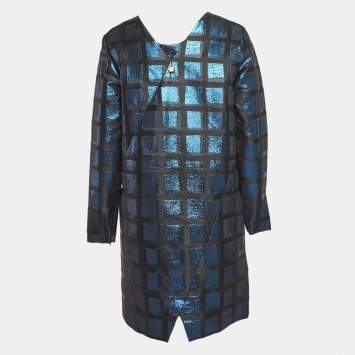 Pre Owned Kenzo Blue Square Lurex V-Neck Shift Dress L