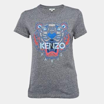 Pre Owned Kenzo Grey Lion Print Melange Knit T-Shirt S